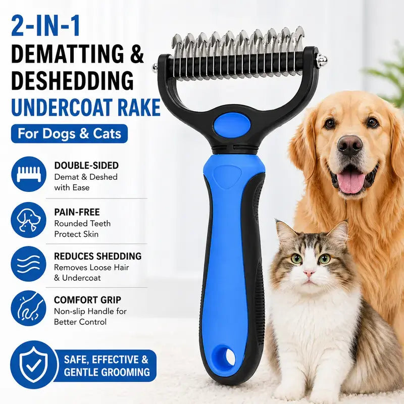 Professional Pet Dematting Rake – Undercoat Grooming Tool & Deshedding Brush for Long-Haired Dogs and Cats